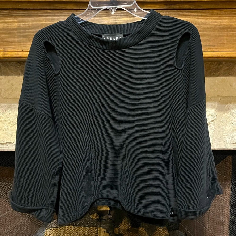Varley Black Ribbed Shoulder-Cut Blouse